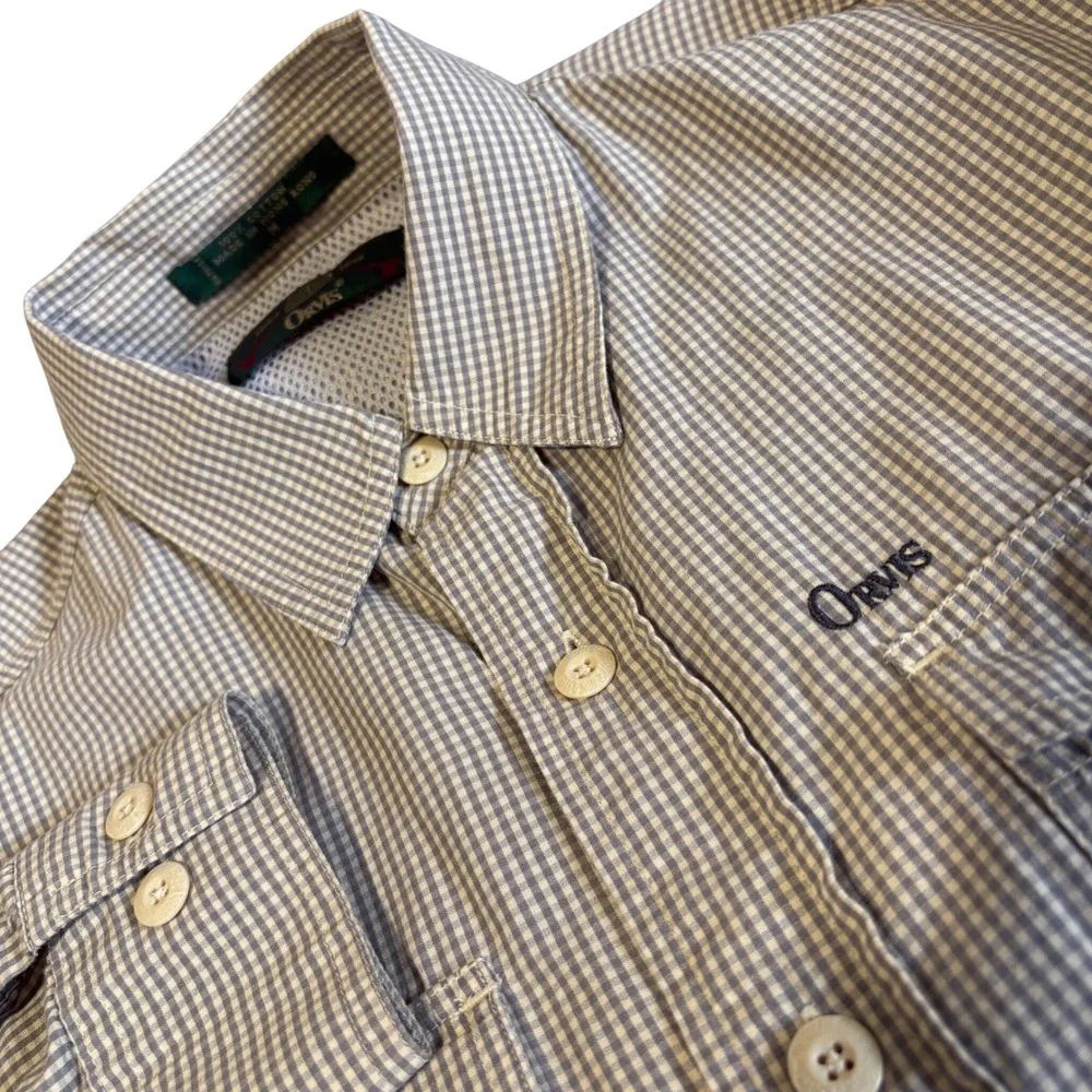 Vintage Orvis Fishing‎ Shirt Mens M Tan Gingham Cotton Utility Made in Hong Kong